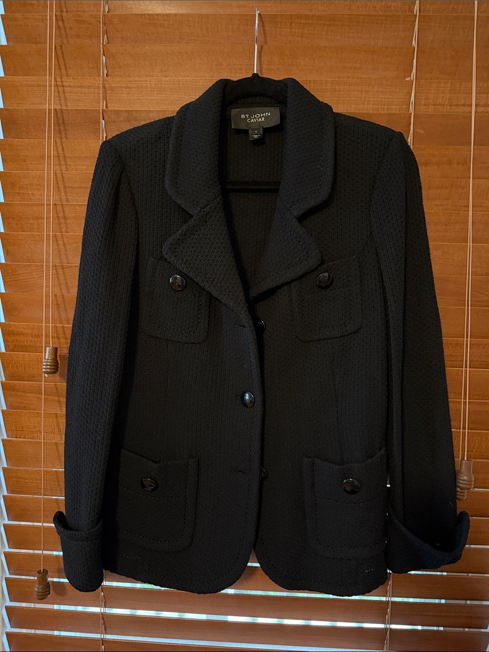 St. John Caviar Black Textured Knit Pocket Blazer, Like New, size 6